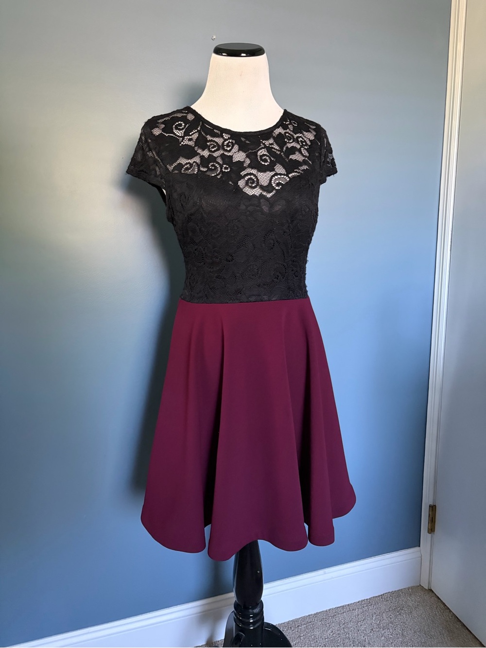 B.Darlin Short Sleeve Black Lace and Maroon Mini Dress